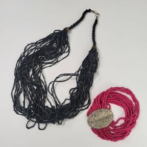 Cute beaded hot pink bracelet and black necklace